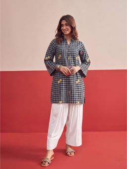 InWeave - Black Big Check Floral White Kurta with Salwar