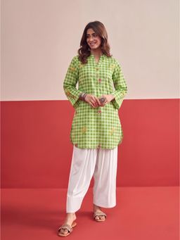 InWeave - Green Big Check Floral White Kurta with Salwar