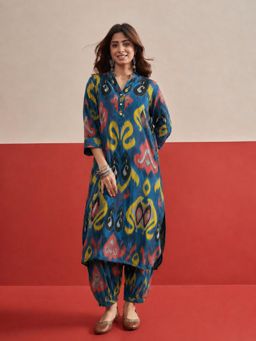 InWeave - Blue Green Ikat Afghani Kurta with Salwar