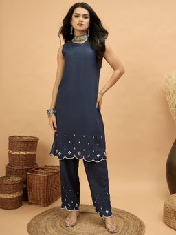 InWeave - Navy Embroidery Kurta with Pant
