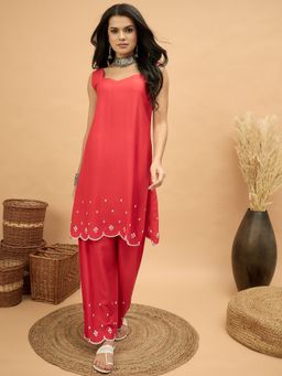 InWeave - Red Embroidery Sweetheart Kurta with Pant