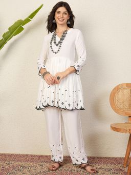 InWeave - White Embroidery V-Neck Kurta with Pant