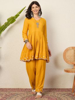InWeave - Mustard Embroidery V-Neck Kurta with Pant