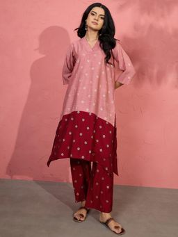 InWeave - Peach Foil V-Neck Kurta with Pant