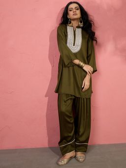 InWeave - Mehandi Green Patch Work Kurta with Salwar