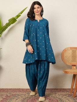 InWeave - Midnight Blue Foil Pplm Kurta with Salwar