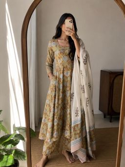 MAAND - Green Pure Cotton Anarkali Kurta with Pant and Dupatta