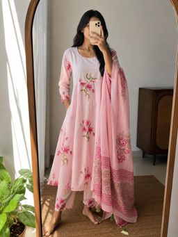 MAAND - Pink Pure Cotton Anarkali Kurta with Pant and Dupatta