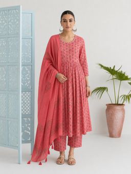 MAAND - Peach Pure Cotton Anarkali Kurta with Pant and Dupatta