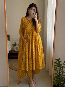 MAAND - Yellow Pure Cotton Anarkali Kurta with Pant and Dupatta