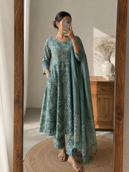 MAAND - Teal Cotton Blend Anarkali Kurta with Pant and Dupatta