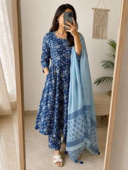 MAAND - Blue Cotton Blend Anarkali Kurta with Pant and Dupatta