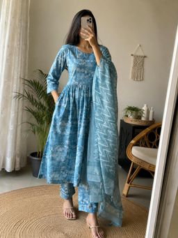 MAAND - Teal Pure Cotton Anarkali Kurta with Pant and Dupatta
