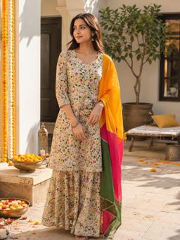 MAAND - Yellow Cotton Printed Kurta with Sharara and Dupatta