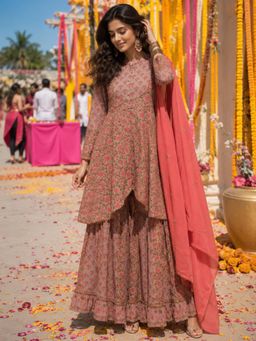 MAAND - Purple Cotton Printed Kurta with Sharara and Dupatta