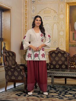 Aavanya - Maroon Cotton V-Neck Printed Kurta with Salwar