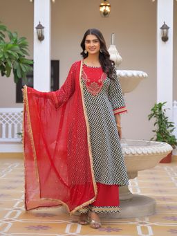 Aavanya - Red Cotton Mix Round Neck Bead and Stone Work Kurta with Palazzo and Dupatta