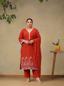 Bani Women - Rust Thread Work Kurta with Pant and Dupatta