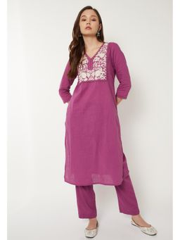max - Purple Cotton Slub Embroidered Kurta and Pant