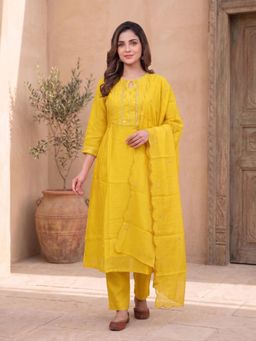 INDDUS - Yellow Embroidered Kurta with Pant and Dupatta