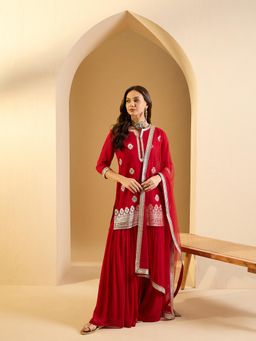 INDDUS - Red Emboiderd Kurta with Sharara and with Dupatta