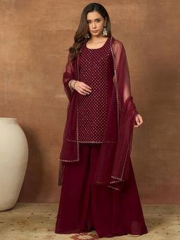 INDDUS - Maroon Embroidered Sequined Kurta with Palazzo and Dupatta