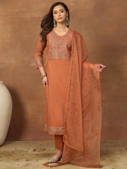 INDDUS - Rust Embroidered Kurta with Palazzo and with Dupatta
