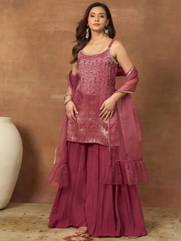 INDDUS - Pink Floral Zari Woven Design Kurta with Palazzo and Dupatta
