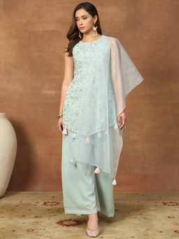 INDDUS - Blue Floral Thread Embroidered Kurta with Palazzo and Dupatta