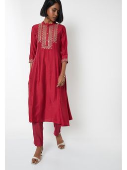 max - Red Polyester Blend Embroidered Kurta and Pant