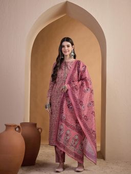 INDDUS - Pink Floral Printed Kurta with Pant and Dupatta