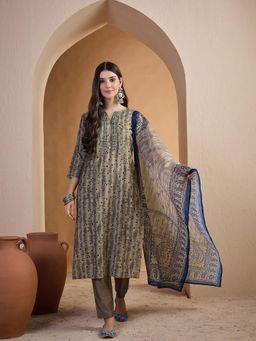 INDDUS - Beige Printed Kurta with Pant and Dupatta