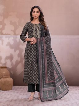 INDDUS - Black Printed Kurta with Pant and Dupatta