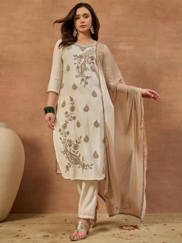 INDDUS - Cream Paisley Thread Embroidered Kurta with Pant and Dupatta