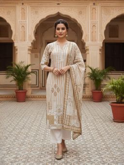 INDDUS - Beige Abstract Printed Kurta with Pant and Dupatta