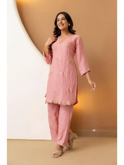 BERRYLICIOUS - Pink Shimmer Tissue Embroidered Co-Ord Set