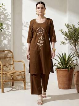 BERRYLICIOUS - Brown Cotton Mirror Work Kurta with Palazzo