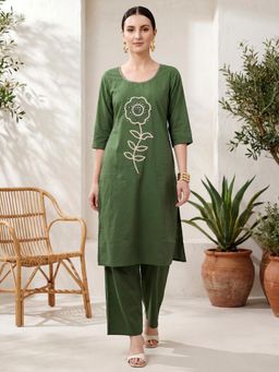 BERRYLICIOUS - Green Cotton Mirror Work Kurta with Palazzo