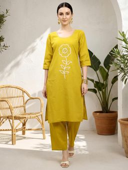 BERRYLICIOUS - Mustard Cotton Mirror Work Kurta with Palazzo