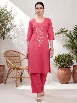BERRYLICIOUS - Pink Cotton Mirror Work Kurta with Palazzo