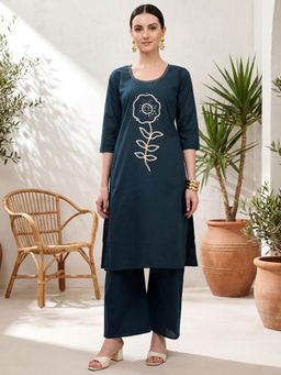 BERRYLICIOUS - Teal Cotton Mirror Work Kurta with Palazzo