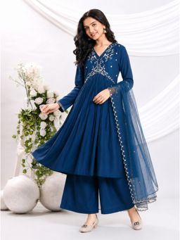 Misbis - Blue Embroidery Kurta with Palazzo And Dupatta