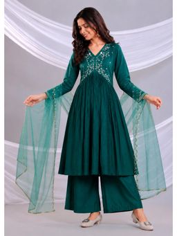 Misbis - Green Embroidery Kurta with Palazzo And Dupatta