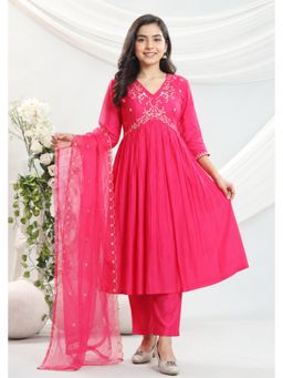 Misbis - Pink Embroidery Kurta with Palazzo And Dupatta