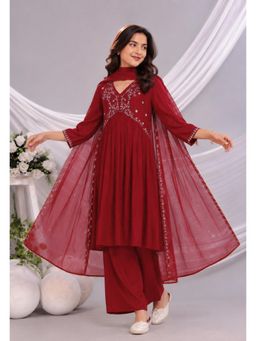 Misbis - Maroon Embroidery Kurta with Palazzo And Dupatta