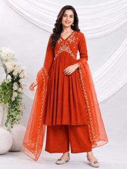 Misbis - Orange Embroidery Kurta with Palazzo And Dupatta