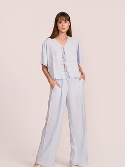 How When Wear - The Linen Scallop Embroidered Blue Co-Ord Set