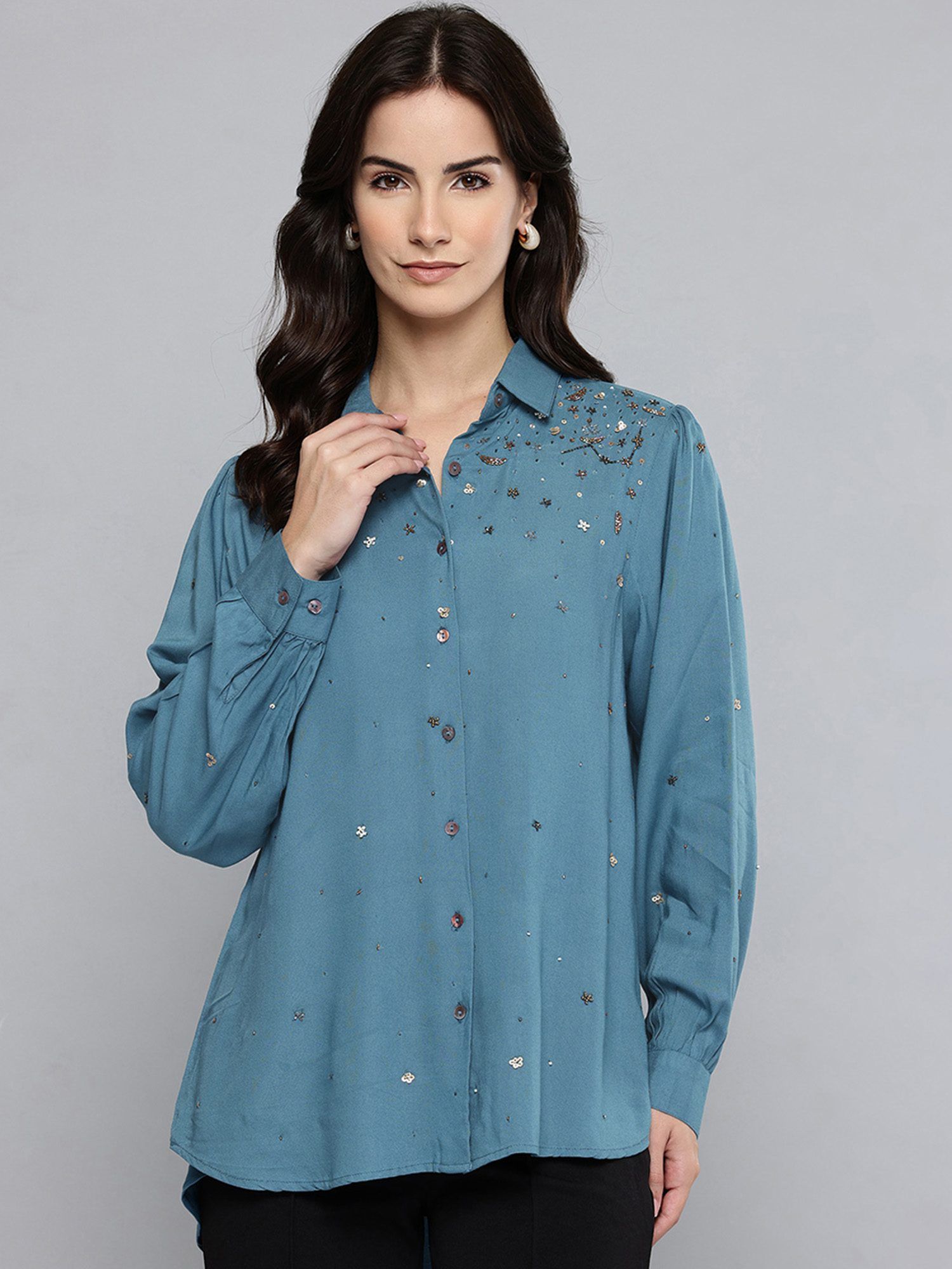 scoup Hand Embellished Rayon Teal Shirt-picture-21