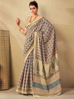 Odette - Womens Tussar Silk Beige Printed Saree with Unstitched Blouse