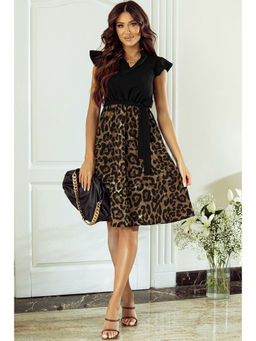 PARTIQ - Black Leopard Print Knee Length Dress with Belt (Set of 2)